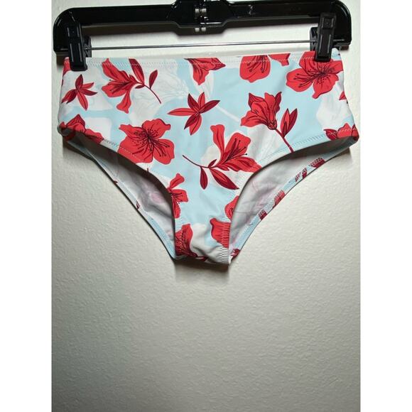 Cupshe Bikini Bottom High Waist Floral Baby Blue Red Small - Picture 2 of 5